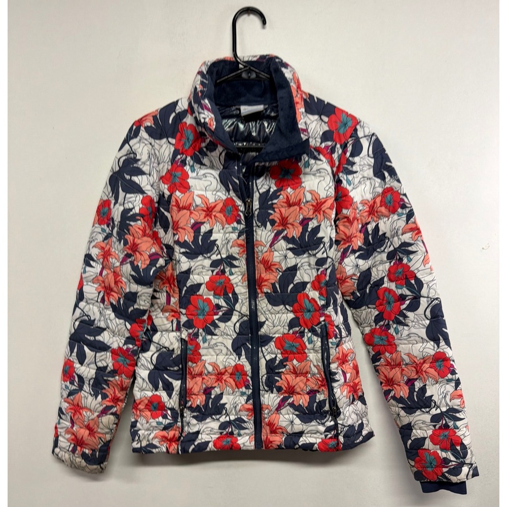 Columbia Floral Puffer Jacket Womens XS Omni-Heat Quilted Full Zip XK0677 Navy